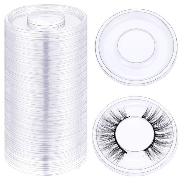 100 Pieces Round Eyelash Tray Holder Plastic Eye Lash Trays Lid for False Eyelash Storage Case Empty Holder Box Packaging Box Cosmetic Container (Transparent)