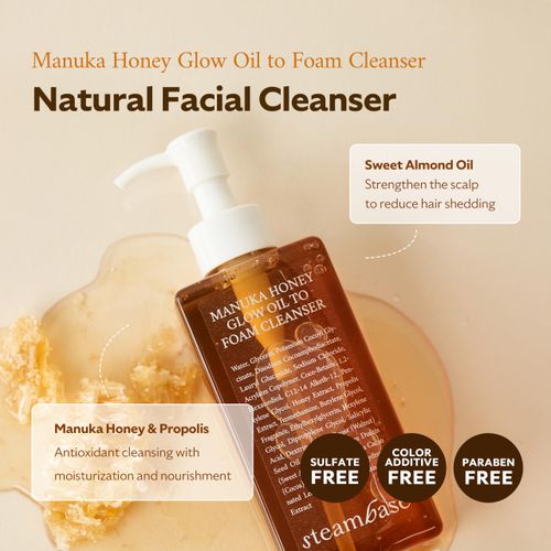 STEAMBASE Manuka Honey Glow Oil to Foam Cleanser | Daily Facial Cleanser for Sensitive Skin | Moisturizing, Foaming Face Wash for Normal to Dry Skin | Cleanse Makeup from Face | 7.27 fl.oz.