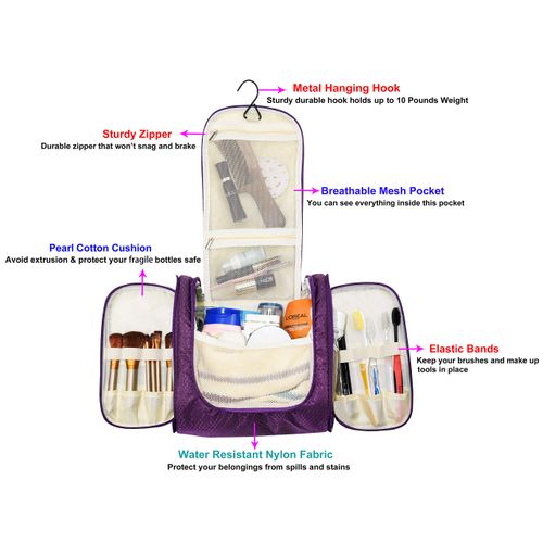 Hanging Toiletry Bag Extra Large Capacity | Premium Travel Organizer Bags For Men And Women | Durable Waterproof Nylon Bathroom, Shower, Makeup Bag For Toiletries, Cosmetics, Brushes (Purple)