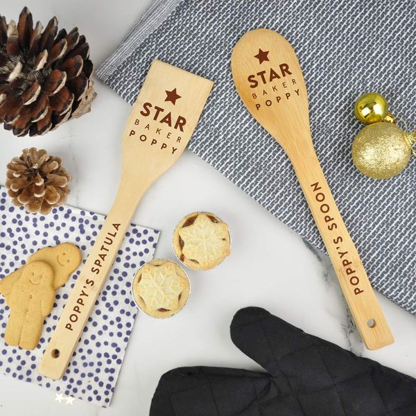 Personalised Star Baker Wooden Spoon & Spatula Set, Laser Engraved Bake Off Prize Winners Award Trophy, Baking Cooking Kitchen Baking Gifts for Her Him Mum Dad Nana