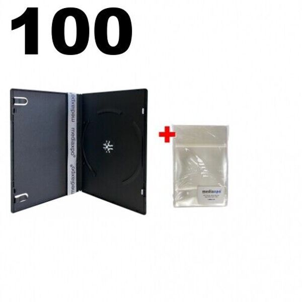 100 SLIM Black Single DVD Cases 7MM & 100 OPP Plastic Wrap Bag