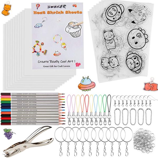 Shrink Plastic Sheet Kit, 166 Pcs Shrink Art Kit Include 10Pcs Shrink Film Paper and 8 Pcs Shrinky Art Paper with Pattern, Hole Punch, Keychains Accessories and Pencils for Kids Creative Craft