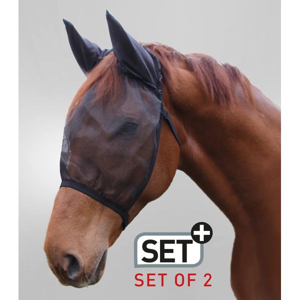 WALDHAUSEN Set of 2 Basic Fly Masks with Ear Protection, Black (with Ears), PON