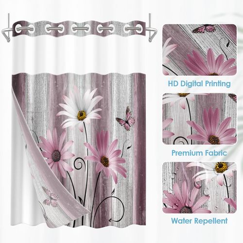 Nesphy No Hook Flower Daisy Shower Curtain with Snap in Fabric Liner Set, Pink Rustic Farmhouse Double Layers Waterproof Fabric with See Through Top Window Open Grommet Bath Curtain 71x74 Inch