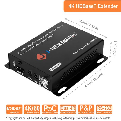 J-Tech Digital 4K HDBaseT HDMI Extender Over Cat5e/6 Ethernet up to 230ft (1080P) 130ft (4K), Supports HDCP 2.2/1.4, RS232, Bi-Directional IR and PoC