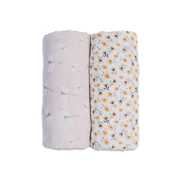 lulujo Boho Swaddle Set, Cotton Muslin Blankets, 2 Pack (Vintage Floral & Dragonfly)