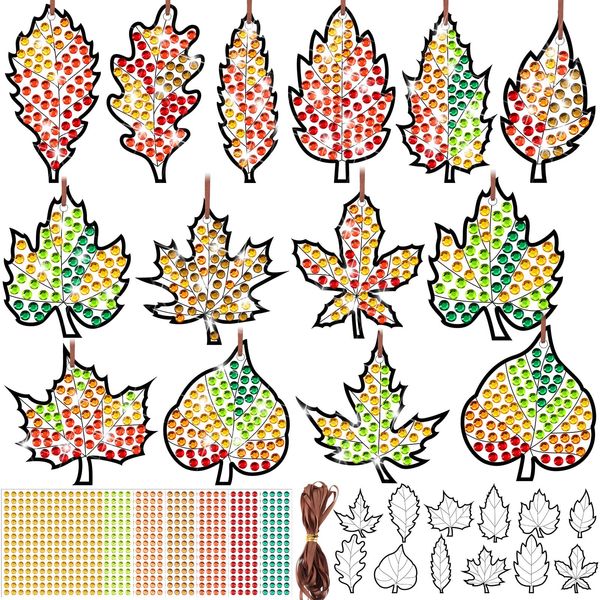 WinnerWhy 36 Sets Window Art Suncatcher Kits, Diamond Art Craft Ornament Kits with Ropes, Gem Suncatcher Kits Fun Gemstone Sun Catcher Kits, Diamond Art and Crafts Gift(Maple)