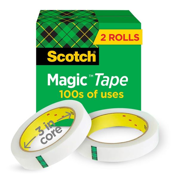 Scotch Magic Tape, 2 Rolls, Numerous Applications, Invisible, Engineered for Repairing, 3/4 x 2592 Inches, Boxed