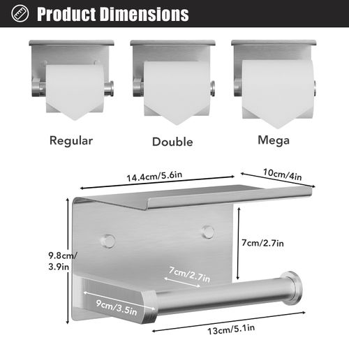 Tindbea Toilet Paper Holder with Phone Shelf + Towel Robe Hooks, Adhesive or Screw Wall Mounted Toilet Paper Roll Storage, Stainless Steel Bathroom Tissue Roll Holder (Brushed Nickel)