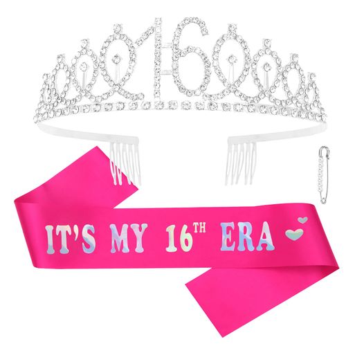 YARIEW Sweet 16 Sash and Tiara Set, Sweet 16 Birthday Decorations for Girls, Birthday Crown and Birthday Era Sash, 16th Birthday Gifts for Girls, Sweet Sixteen Gifts for Girls, Hot Pink