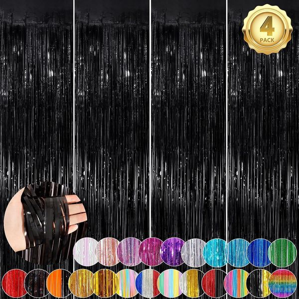 Black Fringe Curtain Party Streamers 4Pack 3.3x8.3 Ft Foil Fringe Backdrop Curtains for Birthday Wedding Bridal Baby Shower Holiday Tinsel Streamers Black Party Decorations Door Streamer