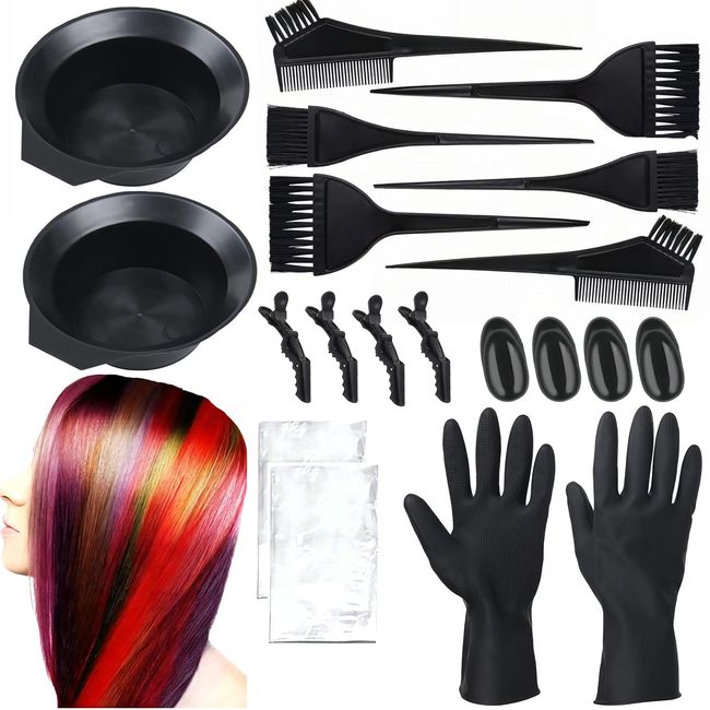 20 Pcs Hair Dye Kit, DIY Salon Hair Coloring Bleaching Tools, Hair Dye Brush and Bowl Set, Ear Cover, Hair Highlighting Cape, Shawl, Gloves, Hair Clip Kits