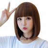 LESUN Wig, Full Wig, Straight, Bob, Oblique Bangs, Semi-Short, Smooth Straight, Fluffy, Makes Your Face Look Smaller, Loose and Cute, Heat Resistant, With Net (Black, Flat)