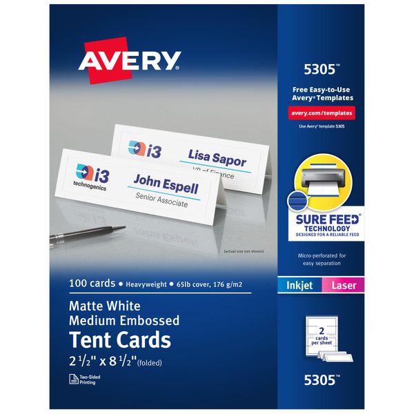 Avery Printable Tent Cards with Sure Feed Technology, 2-1/2" x 8-1/2", Matte White with Embossed Border, 100 Blank Place Cards for Laser and Inkjet Printers (5305)