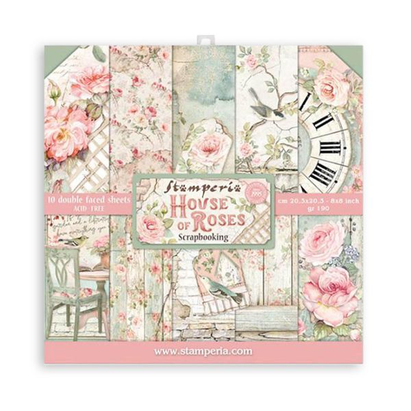 Stamperia handicraft paper block with patterns for scrapbooks, albums, bullet journals and more craft paper colorful for hobbies and as a gift (House of Roses) (20.3 x 20.3 cm)