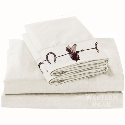 Western Polyester Bed Sheet 4 Piece Set Embroidery Horse Pillow Case (White Horseshoe, King)