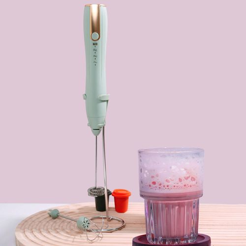 Rechargeable Milk Frother Handheld with Stand, Coffee Foam Frother Wand, Detachable Stainless Steel Whisk Drink Mixer for Coffee, Cappuccino, Lattes, Frappe, Matcha,Egg and Hot Chocolate, Green