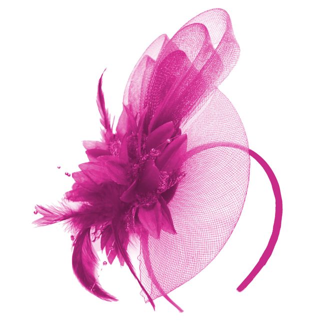 Caprilite Hot Pink Fuchsia Fascinator Headband Flower Wedding Ascot Races Net Hat Feathers