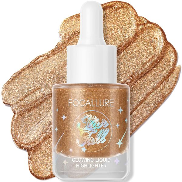 FOCALLURE Starfall Glowing Liquid Highlighter, Shimmering Body Oil, Non-Sticky Shimmer Liquid Luminizer, Non-Greasy, Face & Body Glitter Makeup for Costumes, Cosplay, Rave Festival, BRONZE CRAZE