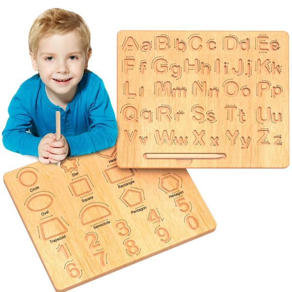 LOOIKOOS Wooden Letters Practicing Board, Double-Sided Alphabet Tracing Tool Learning to Write ABC Educational Toy Game Fine Motor Skill Development，Montessori Toy Gift for Preschool 3-5 Years Old