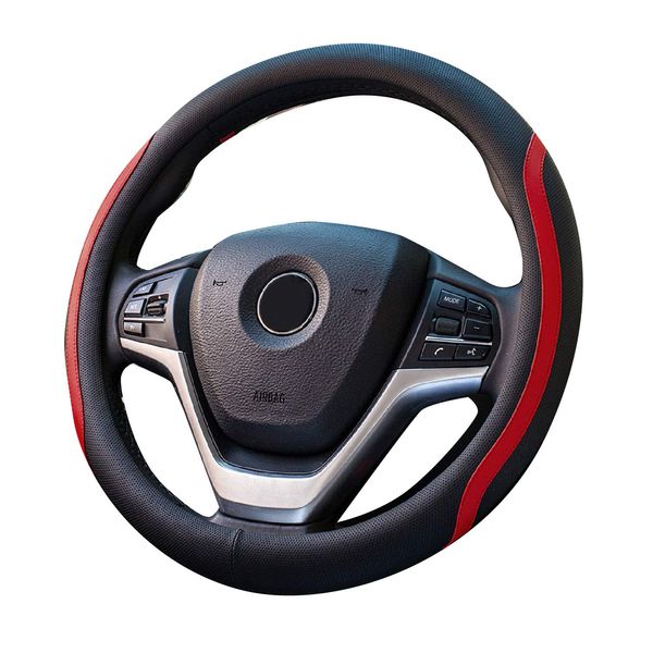 LINXAS B08P4V8B28 Steering Wheel Cover, Black x Red, S (15.0 inches (38 cm), O Shape, PVC Leather, Breathable