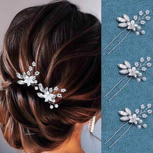 Heread Crystal Bride Wedding Hair Pins Silver Flower Bridal Head Piece Pearl Hair Accessories for Women and Girls (Pack of 3) (A Silver)