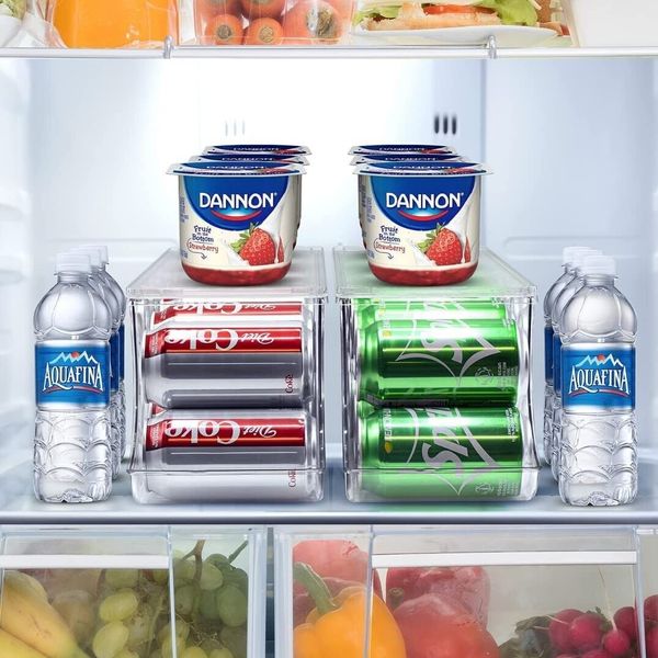 Clear Soda Can Organizer, Refrigerator Stackable Bin Dispenser with Lid - 2-Pack