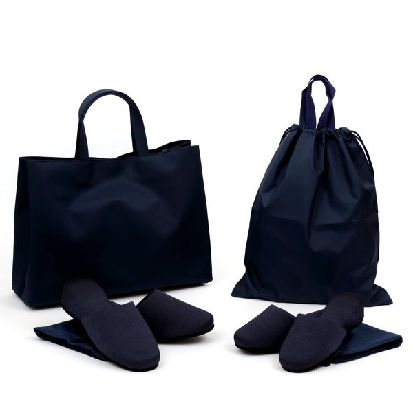 Happy Clover Exam 6-Piece Set, Big Tote (Plain), Made in Yamagata Slippers (for Dad & Mom), Storage Bag x 2, Bio-Liner Shoe Bags, 2 Pairs, navy blue set