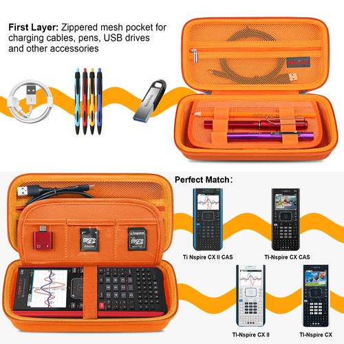 Elonbo Carrying Case for Texas Instruments TI-Nspire CX II CAS/TI-Nspire CX II/CX/CX CAS Color Graphing Calculator, Extra Zipped Pocket Fits Charger Manual, Orange