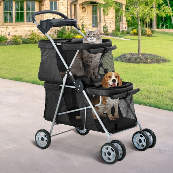 Double 4 Wheels Pet Stroller Cat Dog Cage Stroller Walk Travel Folding Carrier