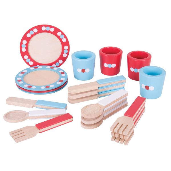 Bigjigs Toys Role Play Dinner Service Tea Set - Kids Tea Set with Toddler Cutlery, Toy Kitchen Accessories for Wooden Play Kitchen, Toy Plates and Cutlery Set