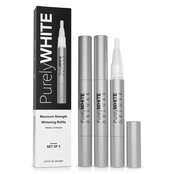 PurelyWHITE DELUXE 3 Pack Teeth Whitening Gel Pen Refills, No Sensitive Teeth Whitener, Great for Sensitive Tooth Whitening, Carbamide Peroxide Teeth Whitening Gel, Whiter Teeth in 7 Minutes