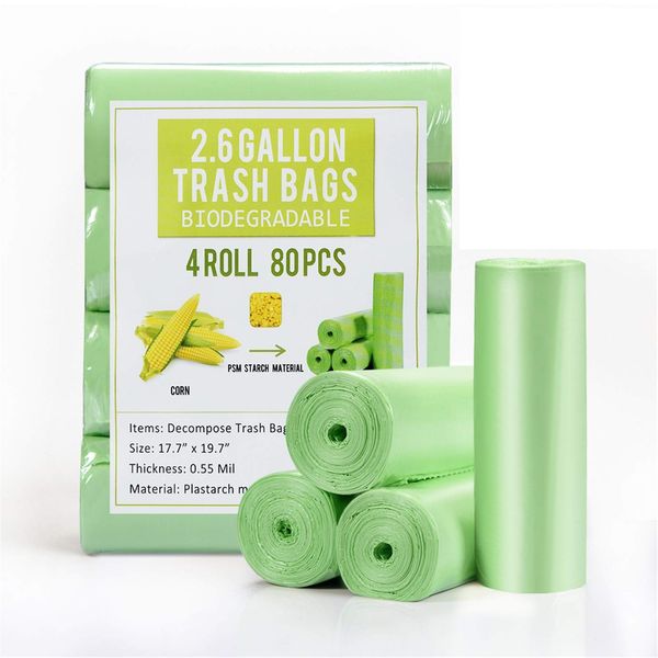 Small Garbage Bags 2.6 Gallon Biodegradable Trash Bags for Bathroom Office, Recycling Eco-Friendly Trash Can Liner with Strong Tear & Leak Resistant, Green, 80 Cts