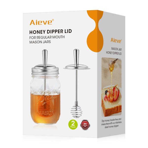 AIEVE Mason Jar Honey Dipper Lid, 2 Pack Honey Dispenser with Canning Lid for Regular Mouth Mason Honey Pot Containers