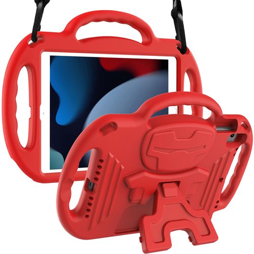 LTROP Cute Kids Case for iPad 9th/8th/7th Generation (10.2 Inch, 2021/2020/2019), iPad 10.2" Bumper Case with Shoulder Strap Handle Stand for iPad 7th/8th/9th Gen, Red
