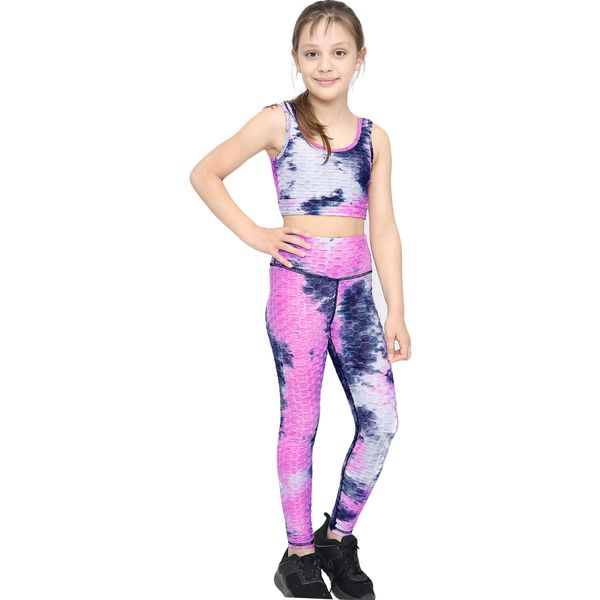 A2Z 4 Kids Girls Honeycomb Leggings Crop Top Vest Bottoms Gym Outfit Set - Yoga Set Pink 9-10