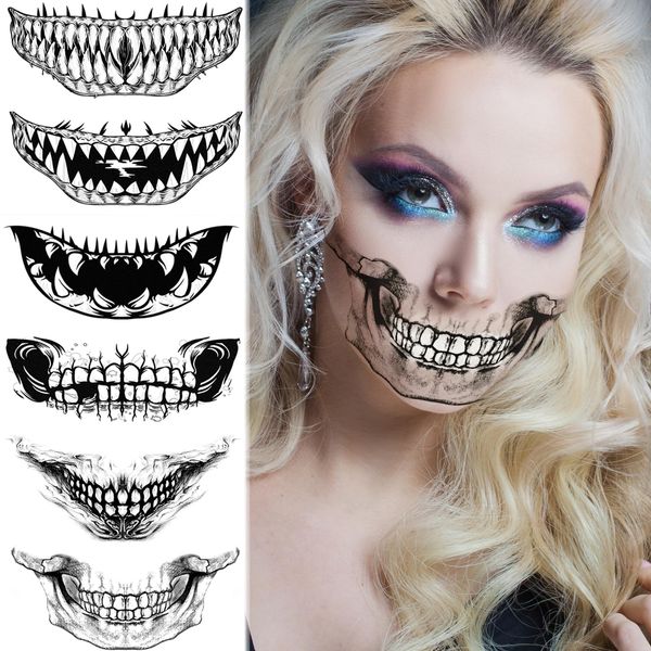 TsuperU Halloween tatuaggio viso Halloween costume donna accessori trucco tatuaggi temporanei bocca adesivi zombi scheletro vampiro accessori di scena cosplay tatuaggio horror halloween decorazione