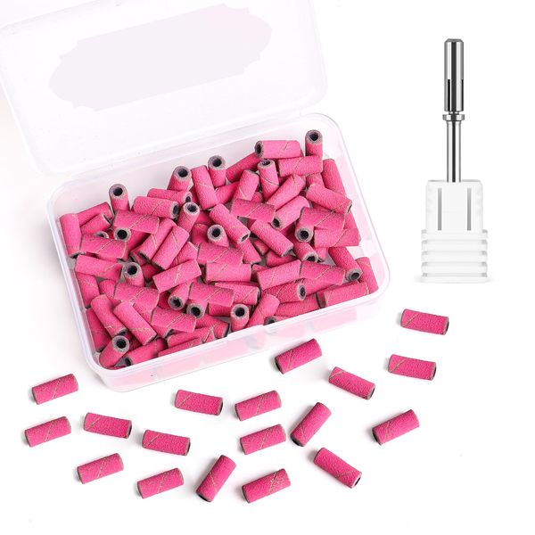 BQAN Sanding Bands for Nail Drills, 100pcs Small Bands 240 Fine Grit Nail File Sanding Bands with Upgrade 3.1mm Mandrel Drill Bits for Acrylic Nails Gel Manicure (Pink)