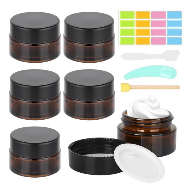 6 Pack Amber Glass Jars, 20ml Empty Cosmetic Jars with Lids Small Bottles Sample Pots Refillable Travel Pots with White Liners Spatula Sponge Brush for Cosmetics, Powder, Lotion, Creams