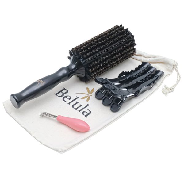 2.5" Medium Belula 100% Boar Bristle Round Brush w/ 3 Clips & Cleaning Tool