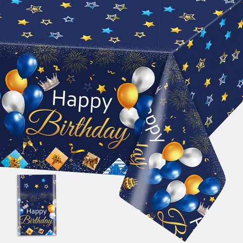 Happy Birthday Table Cloth Blue, Disposable Plastic Birthday Party Tablecloth with Balloons Star, 108*54 Inch Waterproof Thin Dining Table Cover Decorations for Boys Men Birthday Wedding Baby Shower