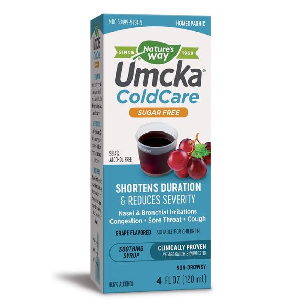 Nature’s Way Umcka ColdCare Sugar Free Syrup, for Cough, Congestion, Sore Throat, Clinically Proven, 4 Fl. Oz, Grape Flavored