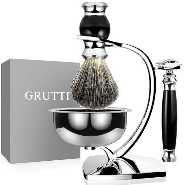 GRUTTI Shaving Set, Deluxe Chrome Razor and Brush Stand with Soap Bowl and Badger Hair Shaving Brush and Safety Razor (Double Edge) (Badger Hair Version)