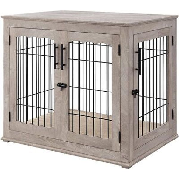 Furniture Style Dog Crate End Table, Double Doors Wooden Wire with Pet Bed