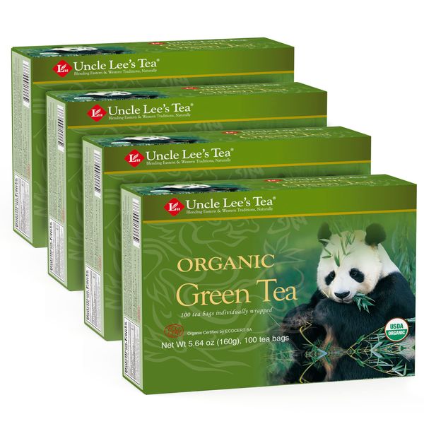 Uncle Lee’s Organic Green Tea - Premium Tea for Everyday Wellness, Medium Caffeine, Antioxidant-Rich Green Tea Bags, Individually Wrapped, 100 Count (Pack of 4)