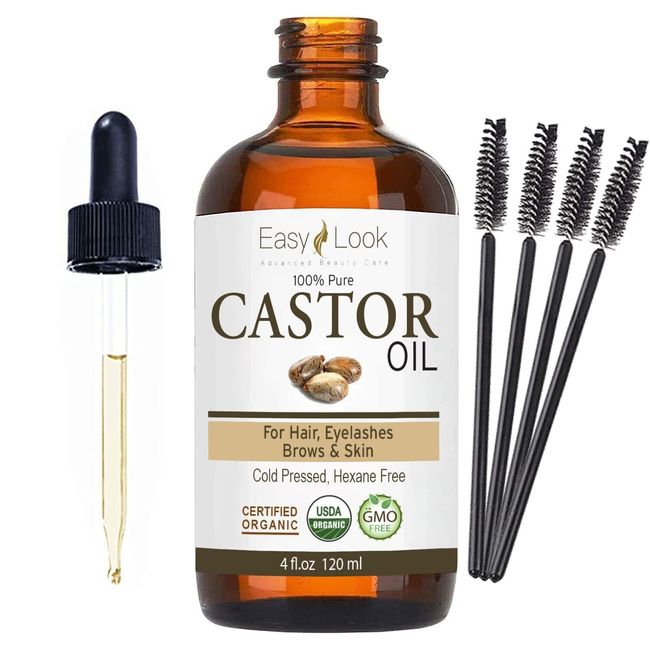 Castor Oil 4oz, USDA Certified Organic 100% Pure, Stimulate Growth for Eyelashes