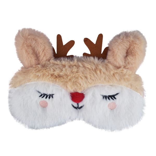 Ulife Mall Cute 3D Christmas Reindeer Kids Eye Masks, Fluffy Soft Silk Plush Christmas Reindeer Sleep Eye Mask Plush Cartoon Eye Cover Novelty Personalised Travel Blindfold for Girls Boys- Beige&White