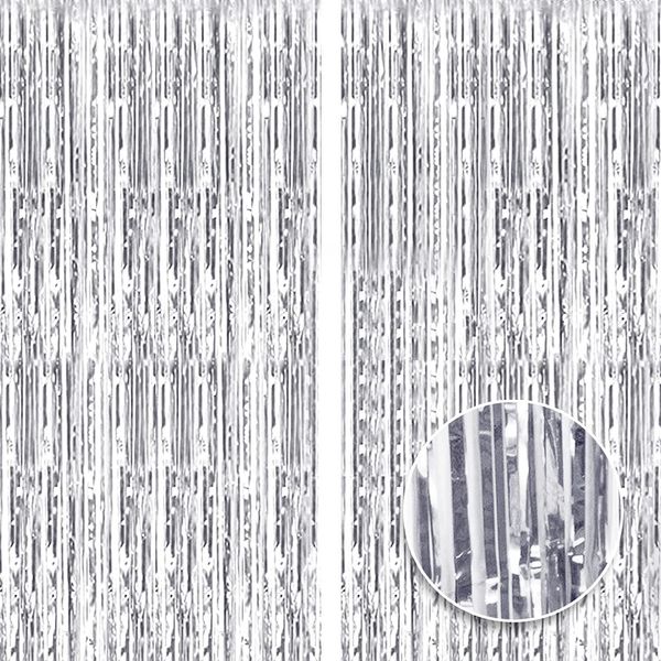 2pcs 3ft X 8.3ft Silver Tinsel Glitter Curtain，Foil Fringe Curtain Aluminum Foil Flow Silk Curtain Background Streamer Birthday Party Wedding Holiday Backdrop Decoration