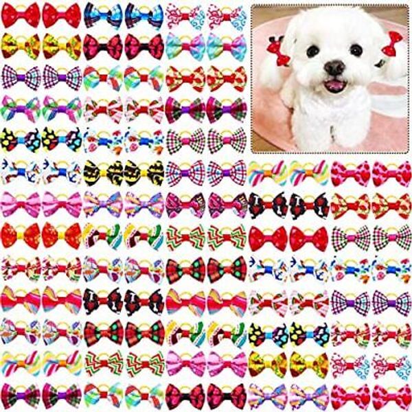 100pcs/50pairs Bulk Dog Bows, Cute Small Dog Hair Bows with Rubber Bands, Pet...