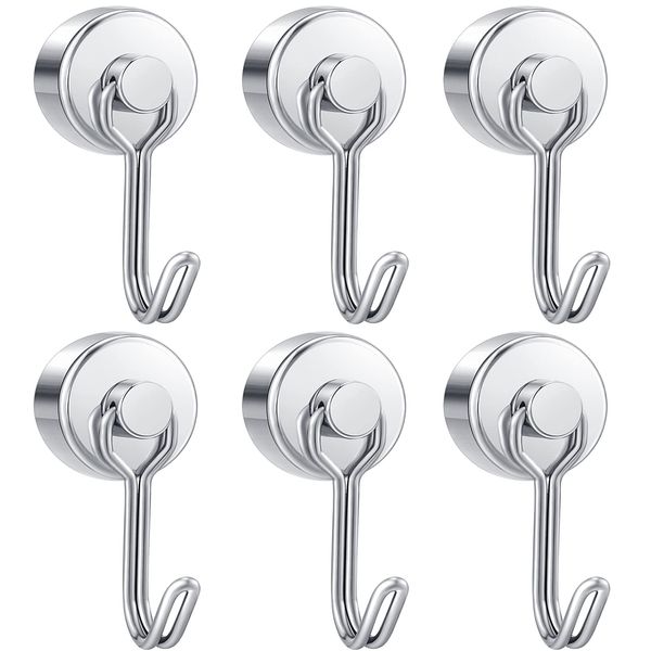 Set of 6: Magnetic Hooks, Magnetic, Stainless Steel, Rust Resistant, Vertical Load Capacity: 33.1 lbs (15 kg), For Kitchen, Office, Refrigerator, Entrance Keys, For Bathrooms, Wall Mounts, (6, Silver)